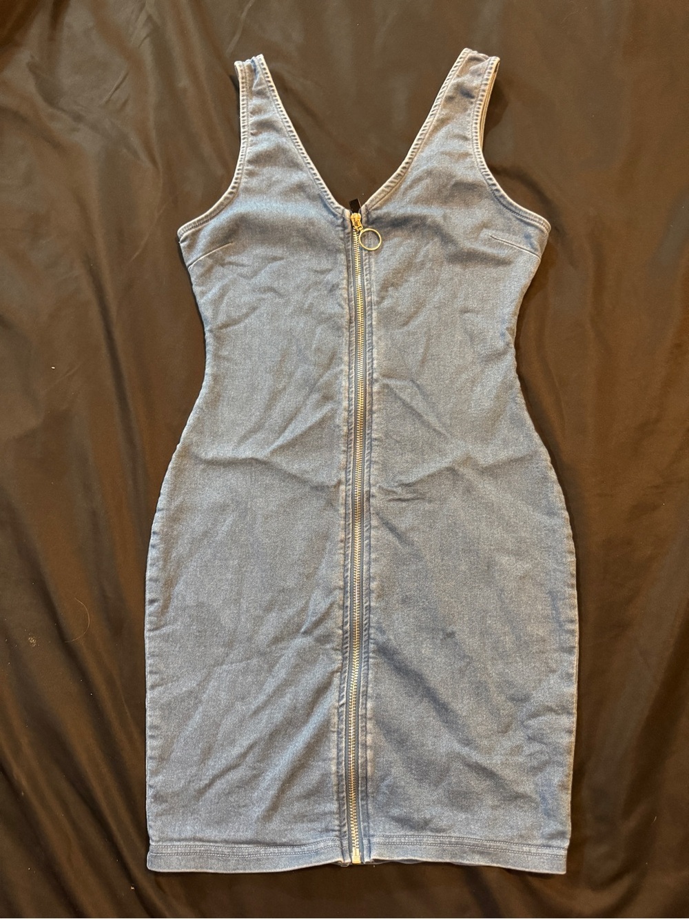 iris Denim-Look Zip Front Mini Dress in Blue